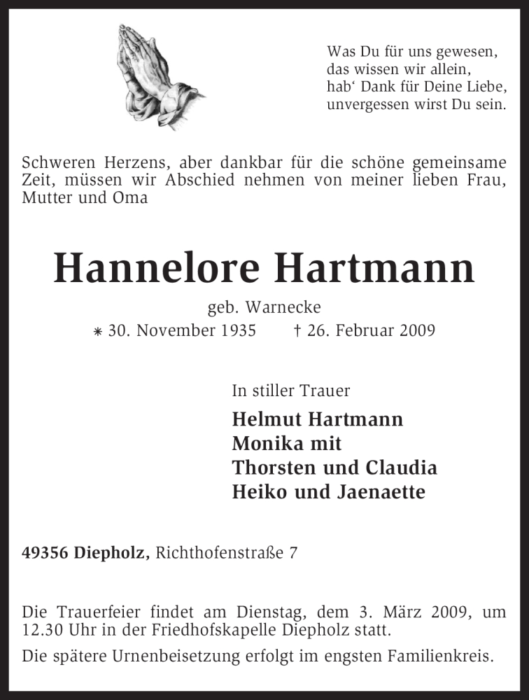  Traueranzeige für Hannelore Hartmann vom 28.02.2009 aus KREISZEITUNG SYKE