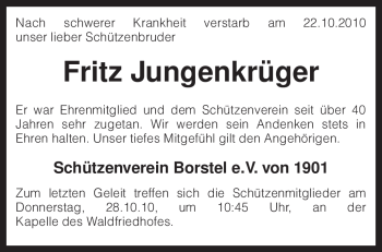 Traueranzeige von Fritz Jungenkrüger von KREISZEITUNG SYKE