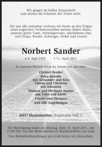 Traueranzeige von Norbert Sander von KREISZEITUNG SYKE