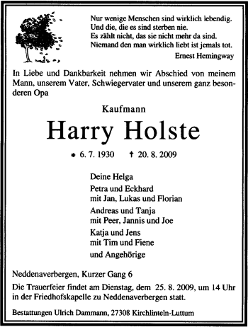 Traueranzeige von Harry Holse von KREISZEITUNG SYKE