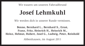 Traueranzeige von Josef Lehmkuhl von KREISZEITUNG SYKE