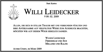 Traueranzeige von Willi Leidecker von KREISZEITUNG SYKE