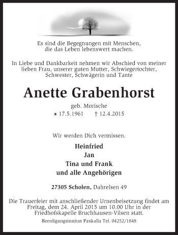 Traueranzeige von Anette Grabenhorst von KRZ