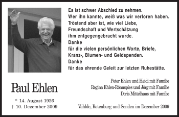 Traueranzeige von Paul Ehlen von KREISZEITUNG SYKE