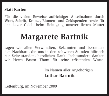 Traueranzeige von Margarete Bartnik von KREISZEITUNG SYKE