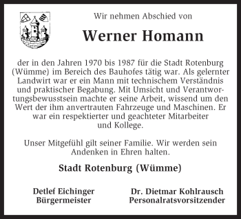 Traueranzeige von Werner Homann von KREISZEITUNG SYKE