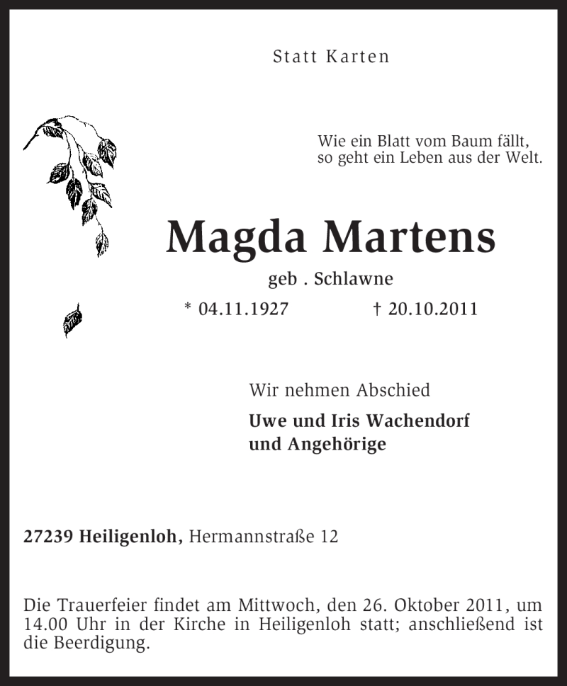  Traueranzeige für Madga Martens vom 24.10.2011 aus KREISZEITUNG SYKE