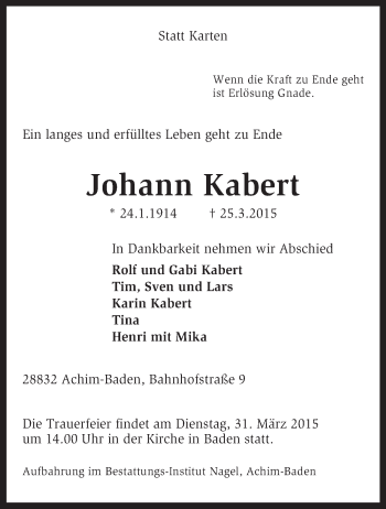 Traueranzeige von Johann Kabert von KRZ