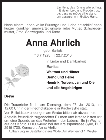 Traueranzeige von Anna Ahrlich von KREISZEITUNG SYKE