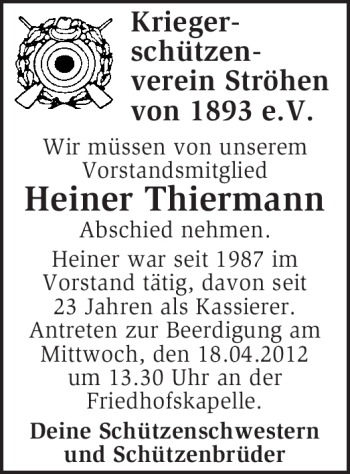 Traueranzeige von Heiner Thiermann von KREISZEITUNG SYKE