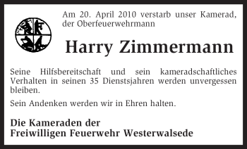 Traueranzeige von Harry Zimmermann von KREISZEITUNG SYKE