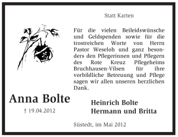 Traueranzeige von Anna Bolte von KREISZEITUNG SYKE