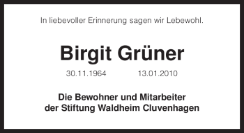 Traueranzeige von Birgit Grüner von KREISZEITUNG SYKE