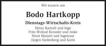 Traueranzeige von Bodo Hartkopp von KREISZEITUNG SYKE