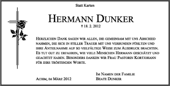 Traueranzeige von Hermann Dunker von KREISZEITUNG SYKE