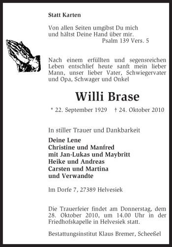 Traueranzeige von Willi Brase von KREISZEITUNG SYKE