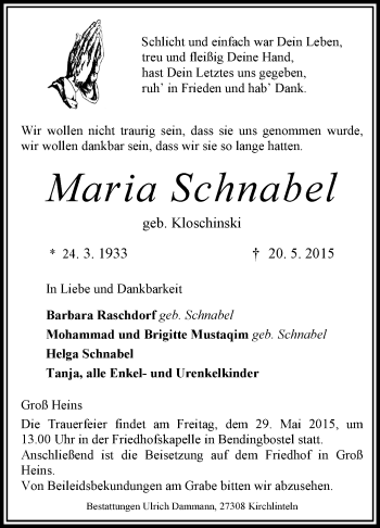 Traueranzeige von Maria Schnabel von KRZ