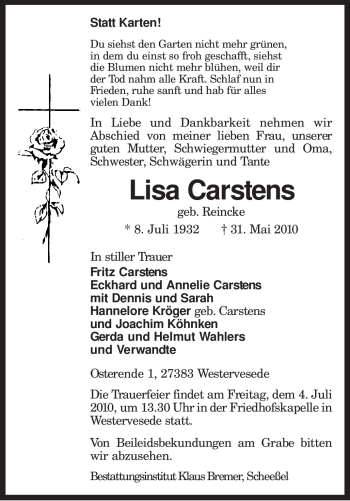 Traueranzeige von Lisa Carstens von KREISZEITUNG SYKE