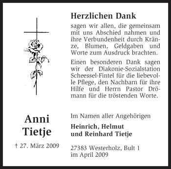 Traueranzeige von Anni Tietje von KREISZEITUNG SYKE