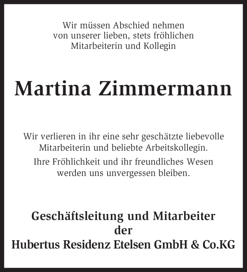  Traueranzeige für Martina Zimmermann vom 16.08.2011 aus KREISZEITUNG SYKE