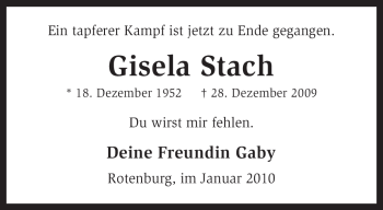 Traueranzeige von Gisela Stach von KREISZEITUNG SYKE