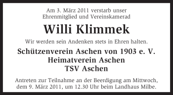 Traueranzeige von Willi Klimmek von KREISZEITUNG SYKE