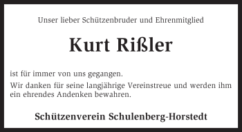 Traueranzeige von Kurt Rißler von KREISZEITUNG SYKE