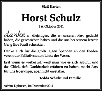 Traueranzeige von Horst Schulz von KREISZEITUNG SYKE