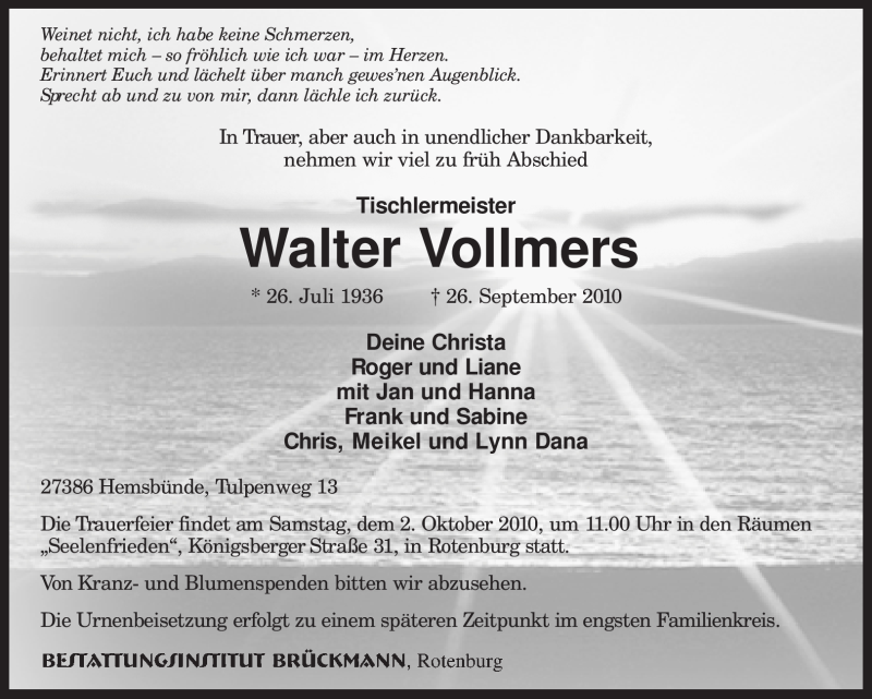  Traueranzeige für Walter Vollmers vom 29.09.2010 aus KREISZEITUNG SYKE