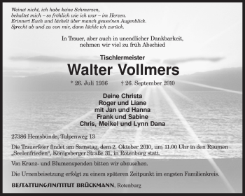 Traueranzeige von Walter Vollmers von KREISZEITUNG SYKE