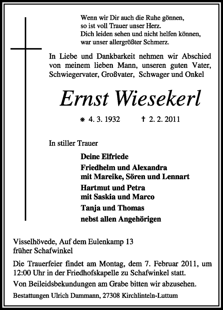  Traueranzeige für Ernst Wiesekerl vom 04.02.2011 aus KREISZEITUNG SYKE