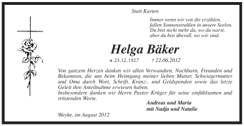 Traueranzeige von Helga Bäker von KREISZEITUNG SYKE