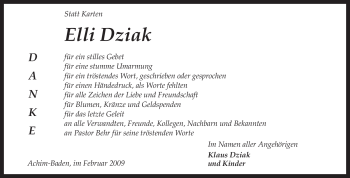 Traueranzeige von Elli Dziak von KREISZEITUNG SYKE