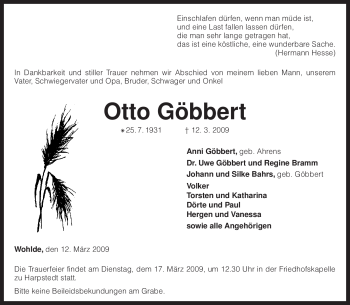 Traueranzeige von Otto Göbbert von KREISZEITUNG SYKE