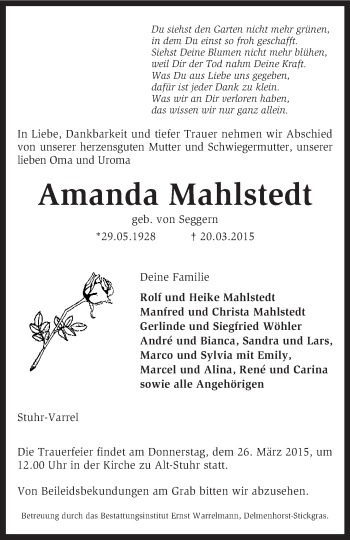 Traueranzeige von Amanda Mahlstedt von KRZ