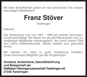 Traueranzeige von Franz Stöver von KREISZEITUNG SYKE