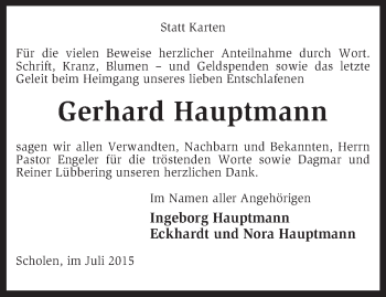 Traueranzeige von Gerhard Hauptmann von KRZ