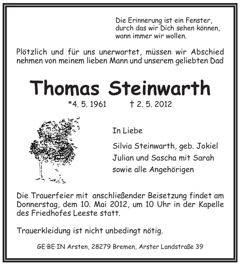  Traueranzeige für Thomas Steinwarth vom 07.05.2012 aus KREISZEITUNG SYKE