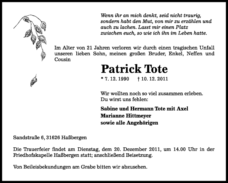  Traueranzeige für Patrick Tote vom 16.12.2011 aus KREISZEITUNG SYKE