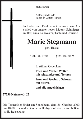 Traueranzeige von Marie Stegmann von KREISZEITUNG SYKE