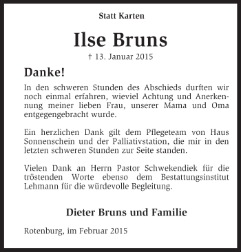 Traueranzeige von Ilse Bruns von KRZ