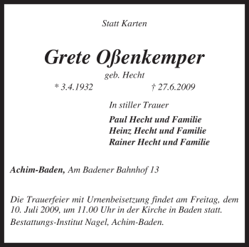 Traueranzeige von Grete Oßenkemper von KREISZEITUNG SYKE