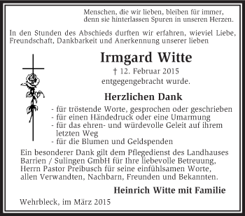 Traueranzeige von Irmgard Witte von Kreiszeitung