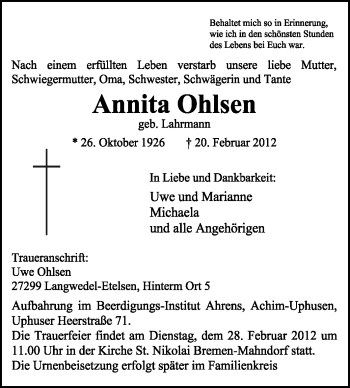 Traueranzeige von Annita Ohlsen von KREISZEITUNG SYKE