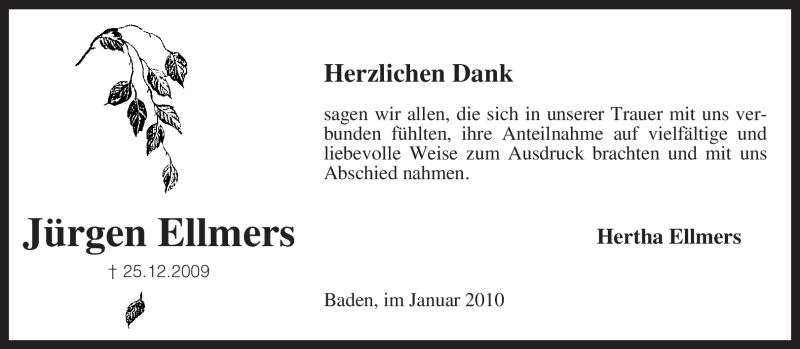  Traueranzeige für Jürgen Ellmers vom 30.01.2010 aus KREISZEITUNG SYKE