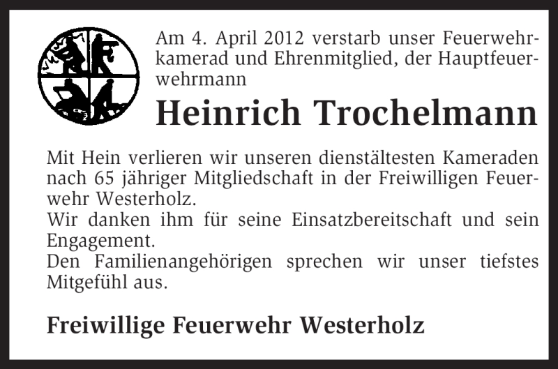  Traueranzeige für Heinrich Trochelmann vom 05.04.2012 aus KREISZEITUNG SYKE