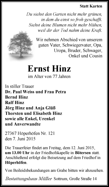 Traueranzeige von Ernst Hinz von KRZ