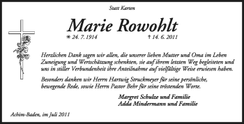 Traueranzeige von Marie Rowohlt von KREISZEITUNG SYKE