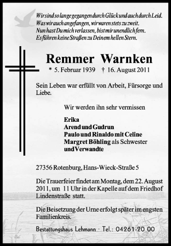 Traueranzeige von Remmer Warnken von KREISZEITUNG SYKE