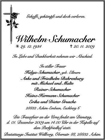 Traueranzeige von Wilhelm Schumacher von KREISZEITUNG SYKE